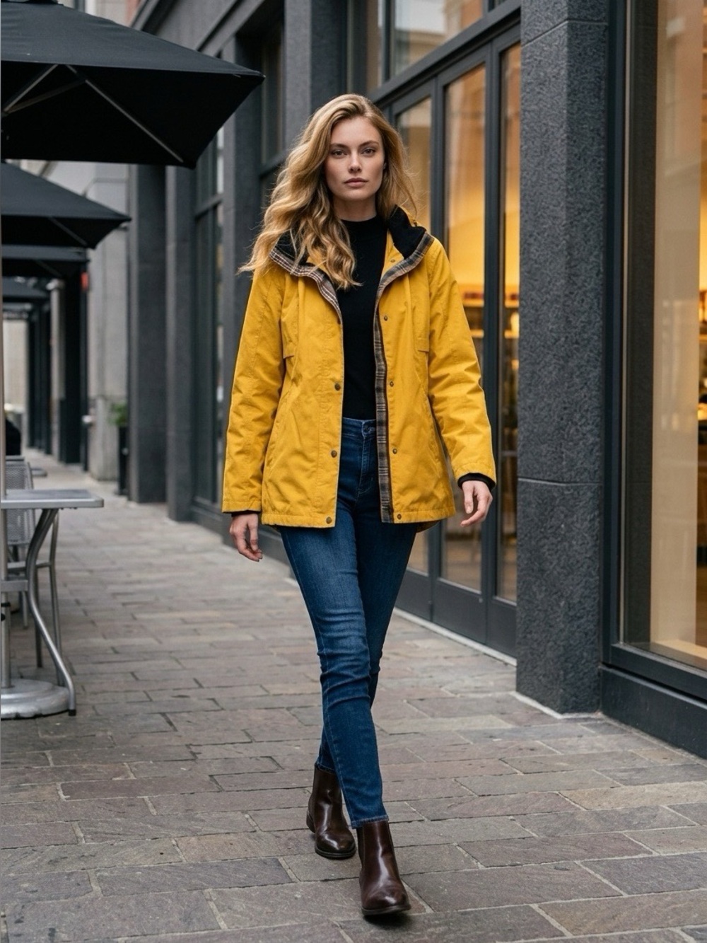 Pendleton Yellow Hooded Trench Coat with Plaid Lining - L